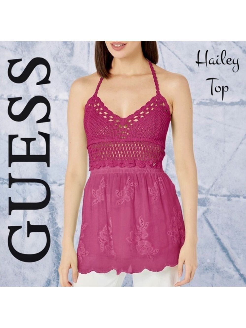 GUESS Hailey Crochet Bustier Halter Top Silk Blend Embroidered Italy Purple/MD